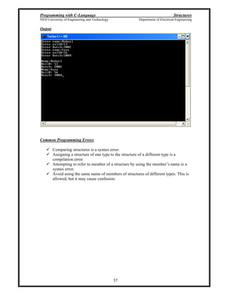 Programming with C-Language Structures
NED University of Engineering and Technology Department of Electrical Engineering
57
Output
Common Programming Errors
Comparing structures is a syntax error.
Assigning a structure of one type to the structure of a different type is a
compilation error.
Attempting to refer to member of a structure by using the member s name is a
syntax error.
Avoid using the same name of members of structures of different types. This is
allowed, but it may cause confusion.
 