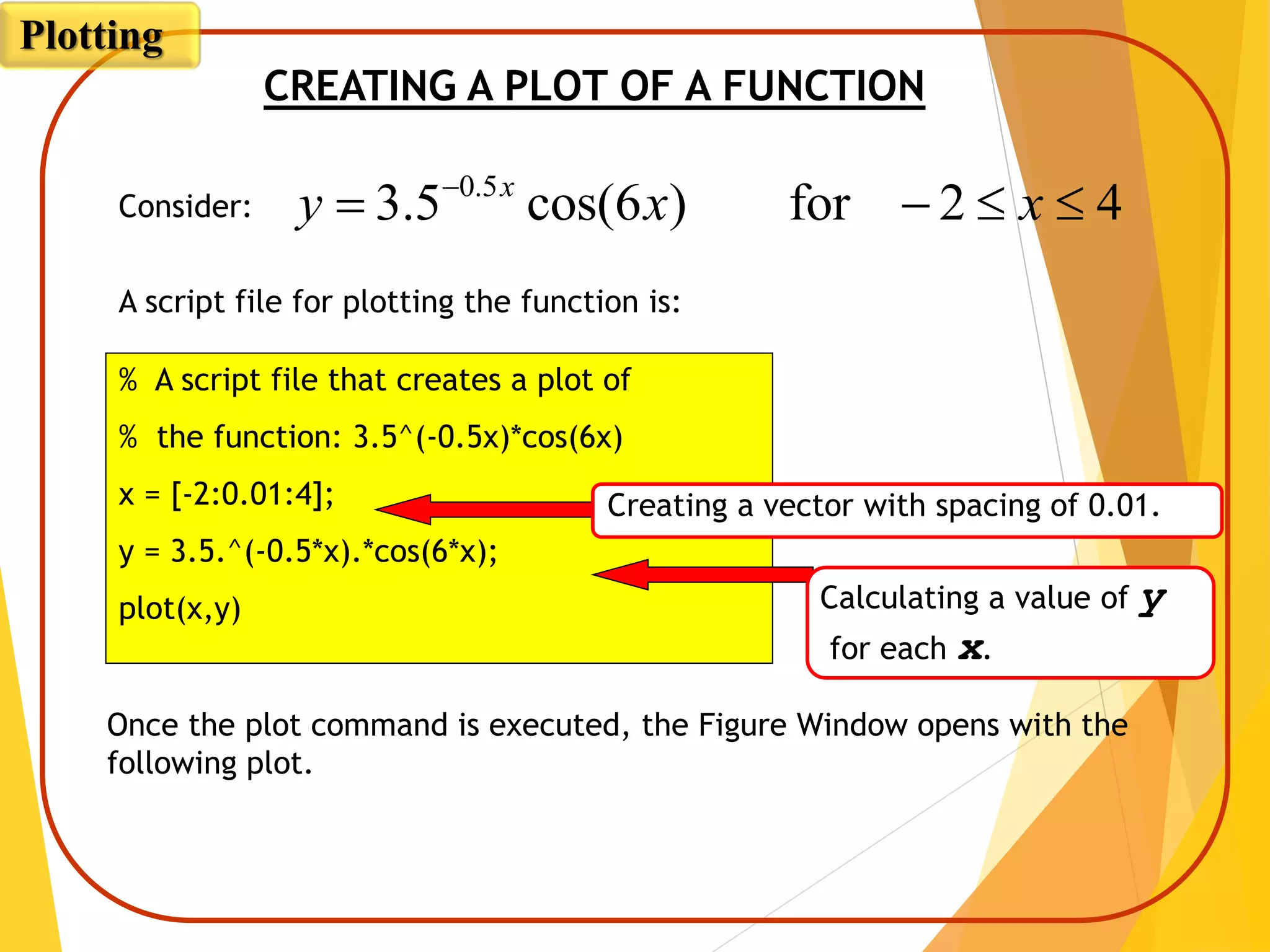 % A script file that creates a plot of
% the function: 3.5^(-0.5x)*cos(6x)
x = [-2:0.01:4];
y = 3.5.^(-0.5*x).*cos(6*x);
plot(x,y)
CREATING A PLOT OF A FUNCTION
Consider: 42for)6cos(5.3 5.0
 
xxy x
A script file for plotting the function is:
Creating a vector with spacing of 0.01.
Calculating a value of y
for each x.
Once the plot command is executed, the Figure Window opens with the
following plot.
Plotting
 