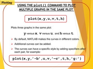 USING THE plot() COMMAND TO PLOT
MULTIPLE GRAPHS IN THE SAME PLOT
Plots three graphs in the same plot:
y versus x, v versus u, and h versus t.
 By default, MATLAB makes the curves in different colors.
 Additional curves can be added.
 The curves can have a specific style by adding specifiers after
each pair, for example:
plot(x,y,u,v,t,h)
plot(x,y,’-b’,u,v,’—r’,t,h,’g:’)
Plotting
 