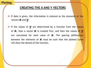  If data is given, the information is entered as the elements of the
vectors x and y.
 If the values of y are determined by a function from the values
of x, than a vector x is created first, and then the values of y
are calculated for each value of x. The spacing (difference)
between the elements of x must be such that the plotted curve
will show the details of the function.
CREATING THE X AND Y VECTORS
Plotting
 