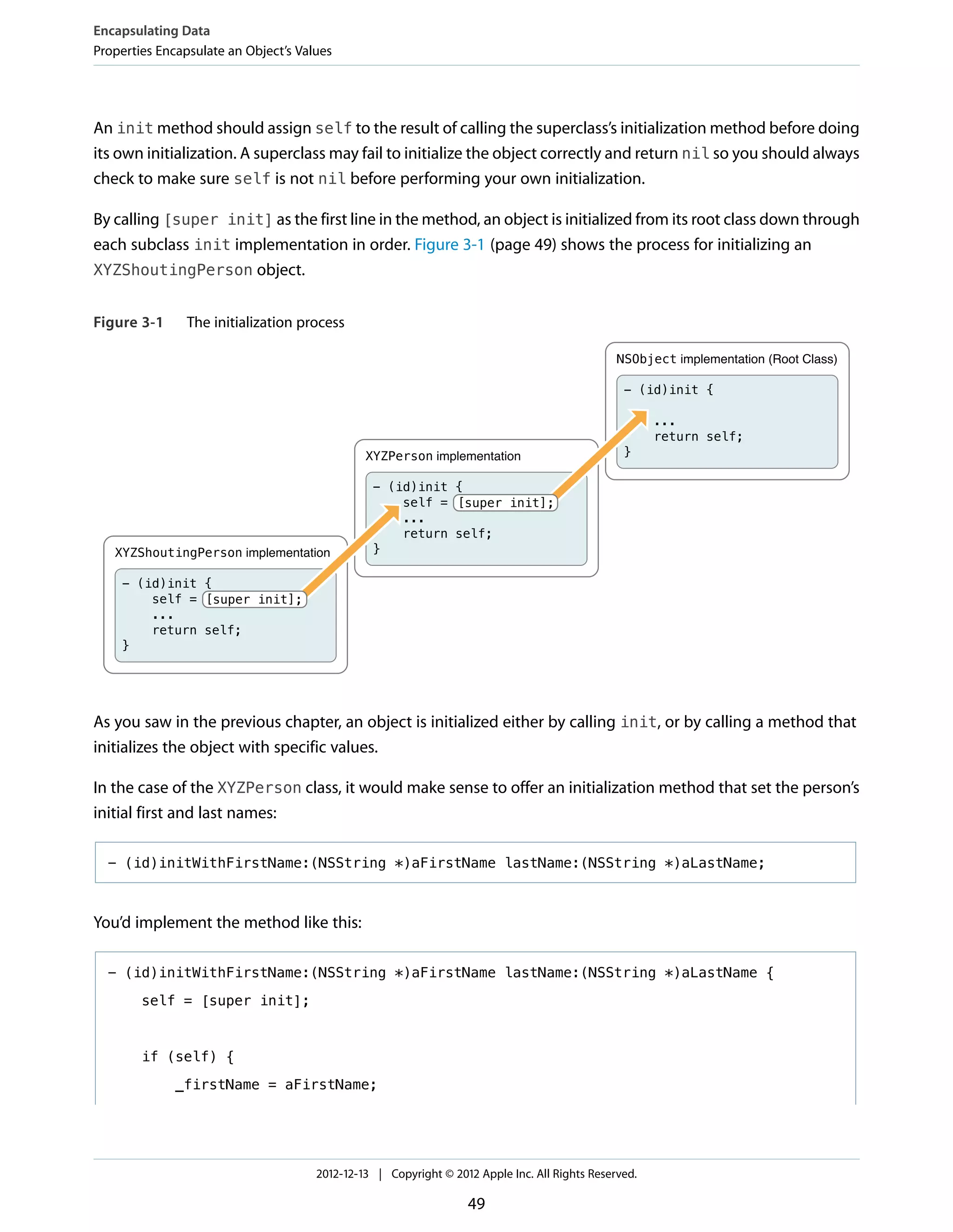 An init method should assign self to the result of calling the superclass’s initialization method before doing
its own initialization. A superclass may fail to initialize the object correctly and return nil so you should always
check to make sure self is not nil before performing your own initialization.
By calling [super init] as the first line in the method, an object is initialized from its root class down through
each subclass init implementation in order. Figure 3-1 (page 49) shows the process for initializing an
XYZShoutingPerson object.
Figure 3-1 The initialization process
XYZShoutingPerson implementation
XYZPerson implementation
NSObject implementation (Root Class)
- (id)init {
...
return self;
}
- (id)init {
self = [super init];
...
return self;
}
- (id)init {
self = [super init];
...
return self;
}
As you saw in the previous chapter, an object is initialized either by calling init, or by calling a method that
initializes the object with specific values.
In the case of the XYZPerson class, it would make sense to offer an initialization method that set the person’s
initial first and last names:
- (id)initWithFirstName:(NSString *)aFirstName lastName:(NSString *)aLastName;
You’d implement the method like this:
- (id)initWithFirstName:(NSString *)aFirstName lastName:(NSString *)aLastName {
self = [super init];
if (self) {
_firstName = aFirstName;
Encapsulating Data
Properties Encapsulate an Object’s Values
2012-12-13 | Copyright © 2012 Apple Inc. All Rights Reserved.
49
 