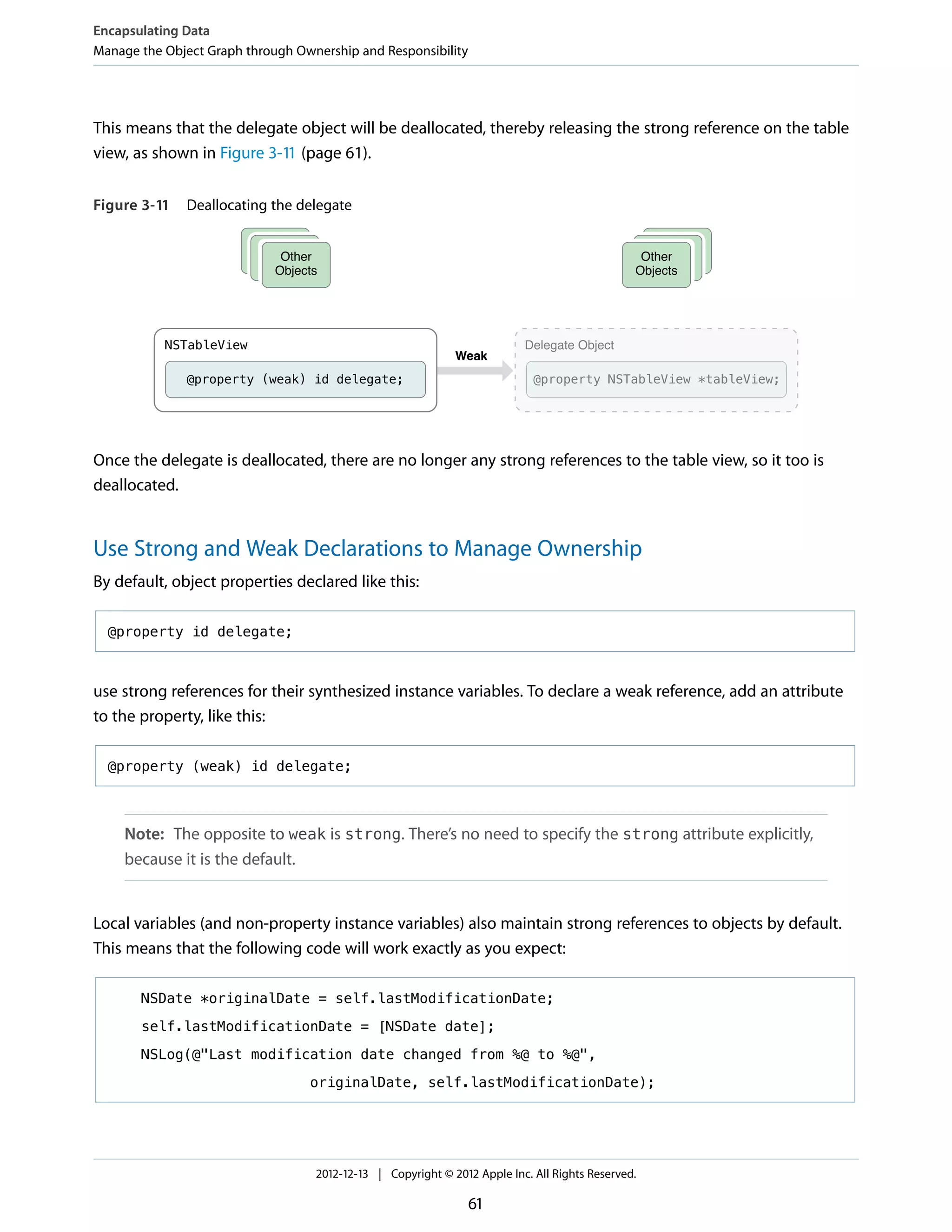 This means that the delegate object will be deallocated, thereby releasing the strong reference on the table
view, as shown in Figure 3-11 (page 61).
Figure 3-11 Deallocating the delegate
Weak
@property NSTableView *tableView;
Delegate Object
@property (weak) id delegate;
NSTableView
Other
Objects
Other
Objects
Once the delegate is deallocated, there are no longer any strong references to the table view, so it too is
deallocated.
Use Strong and Weak Declarations to Manage Ownership
By default, object properties declared like this:
@property id delegate;
use strong references for their synthesized instance variables. To declare a weak reference, add an attribute
to the property, like this:
@property (weak) id delegate;
Note: The opposite to weak is strong. There’s no need to specify the strong attribute explicitly,
because it is the default.
Local variables (and non-property instance variables) also maintain strong references to objects by default.
This means that the following code will work exactly as you expect:
NSDate *originalDate = self.lastModificationDate;
self.lastModificationDate = [NSDate date];
NSLog(@"Last modification date changed from %@ to %@",
originalDate, self.lastModificationDate);
Encapsulating Data
Manage the Object Graph through Ownership and Responsibility
2012-12-13 | Copyright © 2012 Apple Inc. All Rights Reserved.
61
 