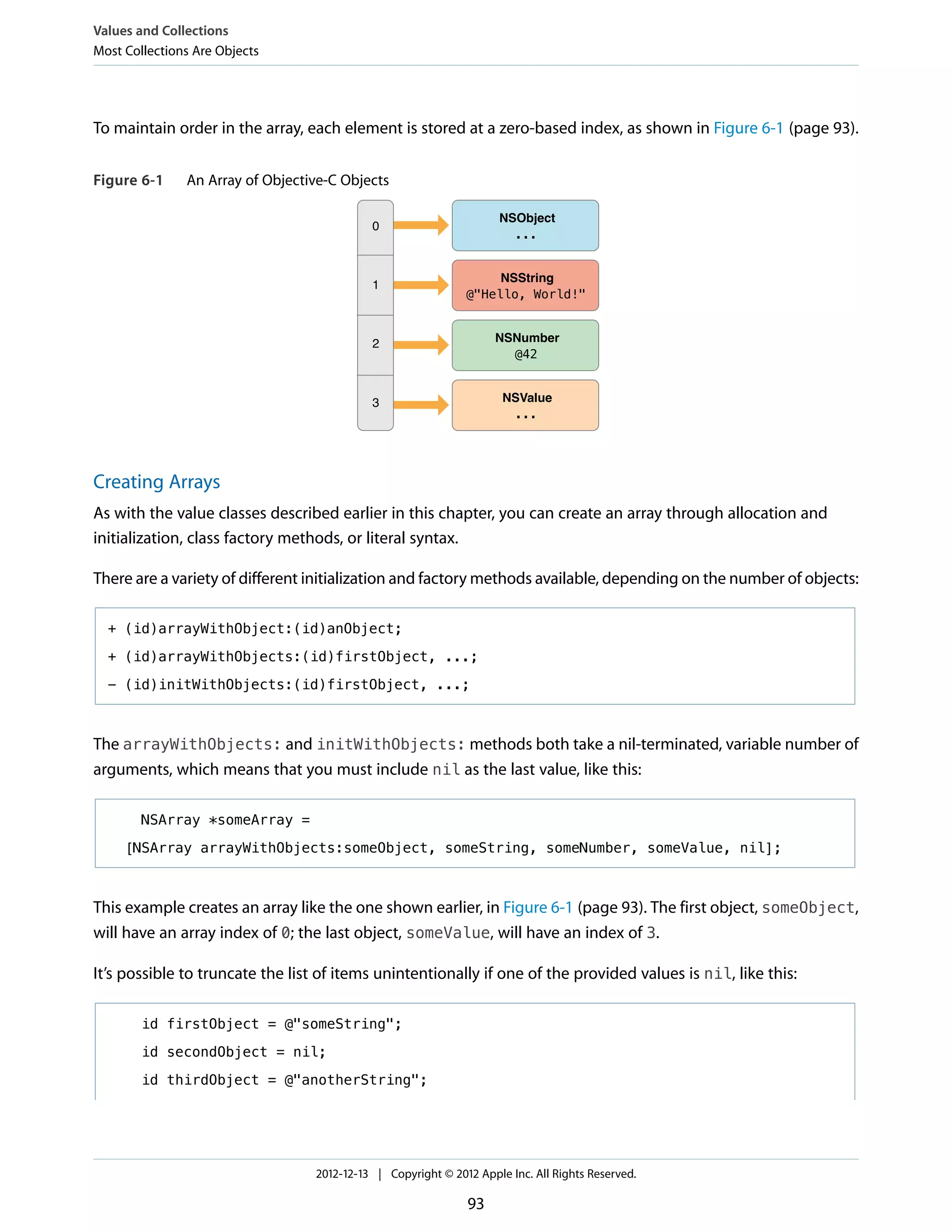 To maintain order in the array, each element is stored at a zero-based index, as shown in Figure 6-1 (page 93).
Figure 6-1 An Array of Objective-C Objects
...
NSObject
@"Hello, World!"
NSString
@42
NSNumber
...
NSValue
0
1
2
3
Creating Arrays
As with the value classes described earlier in this chapter, you can create an array through allocation and
initialization, class factory methods, or literal syntax.
There are a variety of different initialization and factory methods available, depending on the number of objects:
+ (id)arrayWithObject:(id)anObject;
+ (id)arrayWithObjects:(id)firstObject, ...;
- (id)initWithObjects:(id)firstObject, ...;
The arrayWithObjects: and initWithObjects: methods both take a nil-terminated, variable number of
arguments, which means that you must include nil as the last value, like this:
NSArray *someArray =
[NSArray arrayWithObjects:someObject, someString, someNumber, someValue, nil];
This example creates an array like the one shown earlier, in Figure 6-1 (page 93). The first object, someObject,
will have an array index of 0; the last object, someValue, will have an index of 3.
It’s possible to truncate the list of items unintentionally if one of the provided values is nil, like this:
id firstObject = @"someString";
id secondObject = nil;
id thirdObject = @"anotherString";
Values and Collections
Most Collections Are Objects
2012-12-13 | Copyright © 2012 Apple Inc. All Rights Reserved.
93
 