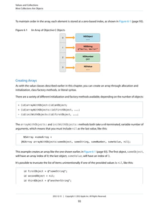 To maintain order in the array, each element is stored at a zero-based index, as shown in Figure 6-1 (page 93).
Figure 6-1 An Array of Objective-C Objects
...
NSObject
@"Hello, World!"
NSString
@42
NSNumber
...
NSValue
0
1
2
3
Creating Arrays
As with the value classes described earlier in this chapter, you can create an array through allocation and
initialization, class factory methods, or literal syntax.
There are a variety of different initialization and factory methods available, depending on the number of objects:
+ (id)arrayWithObject:(id)anObject;
+ (id)arrayWithObjects:(id)firstObject, ...;
- (id)initWithObjects:(id)firstObject, ...;
The arrayWithObjects: and initWithObjects: methods both take a nil-terminated, variable number of
arguments, which means that you must include nil as the last value, like this:
NSArray *someArray =
[NSArray arrayWithObjects:someObject, someString, someNumber, someValue, nil];
This example creates an array like the one shown earlier, in Figure 6-1 (page 93). The first object, someObject,
will have an array index of 0; the last object, someValue, will have an index of 3.
It’s possible to truncate the list of items unintentionally if one of the provided values is nil, like this:
id firstObject = @"someString";
id secondObject = nil;
id thirdObject = @"anotherString";
Values and Collections
Most Collections Are Objects
2012-12-13 | Copyright © 2012 Apple Inc. All Rights Reserved.
93
 