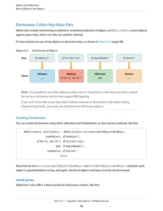 Dictionaries Collect Key-Value Pairs
Rather than simply maintaining an ordered or unordered collection of objects, an NSDictionary stores objects
against given keys, which can then be used for retrieval.
It’s best practice to use string objects as dictionary keys, as shown in Figure 6-3 (page 98).
Figure 6-3 A Dictionary of Objects
Keys
Values
...
@"anObject"
NSObject
@"Hello, World!"
@"helloString"
NSString
@42
@"magicNumber"
NSNumber
...
@"aValue"
NSValue
Note: It’s possible to use other objects as keys, but it’s important to note that each key is copied
for use by a dictionary and so must support NSCopying.
If you wish to be able to use Key-Value Coding, however, as described in Key-Value Coding
Programming Guide, you must use string keys for dictionary objects.
Creating Dictionaries
You can create dictionaries using either allocation and initialization, or class factory methods, like this:
NSDictionary *dictionary = [NSDictionary dictionaryWithObjectsAndKeys:
someObject, @"anObject",
@"Hello, World!", @"helloString",
@42, @"magicNumber",
someValue, @"aValue",
nil];
Note that for the dictionaryWithObjectsAndKeys: and initWithObjectsAndKeys: methods, each
object is specified before its key, and again, the list of objects and keys must be nil-terminated.
Literal Syntax
Objective-C also offers a literal syntax for dictionary creation, like this:
Values and Collections
Most Collections Are Objects
2012-12-13 | Copyright © 2012 Apple Inc. All Rights Reserved.
98
 