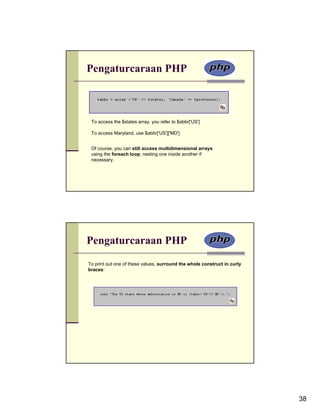 Pengaturcaraan PHP



 To access the $states array, you refer to $abbr['US']

 To access Maryland, use $abbr['US']['MD']


 Of course, you can still access multidimensional arrays
 using the foreach loop, nesting one inside another if
 necessary.




Pengaturcaraan PHP
To print out one of these values, surround the whole construct in curly
braces:




                                                                          38
 