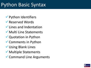 Python Basic Syntax
Python Identifiers
Reserved Words
Lines and Indentation
Multi Line Statements
Quotation in Python
Comments in Python
Using Blank Lines
Multiple Statements
Command Line Arguments
 