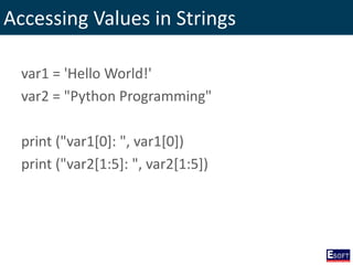 Accessing Values in Strings
var1 = 'Hello World!'
var2 = "Python Programming"
print ("var1[0]: ", var1[0])
print ("var2[1:5]: ", var2[1:5])
 