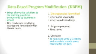 Data-Based Program Modification (DBPM)
• Brings alternative solutions to
the learning problems
encountered by students in
school
• Aids teachers in modifying
instructions for children with
diverse needs
1.Discrepancies identified
• letter name knowledge
• letter-sound knowledge
2. Program proposed
• Time series
3. Objective
• To name and write 2-3 letters
and associate sounds every
meeting for ten days.
 