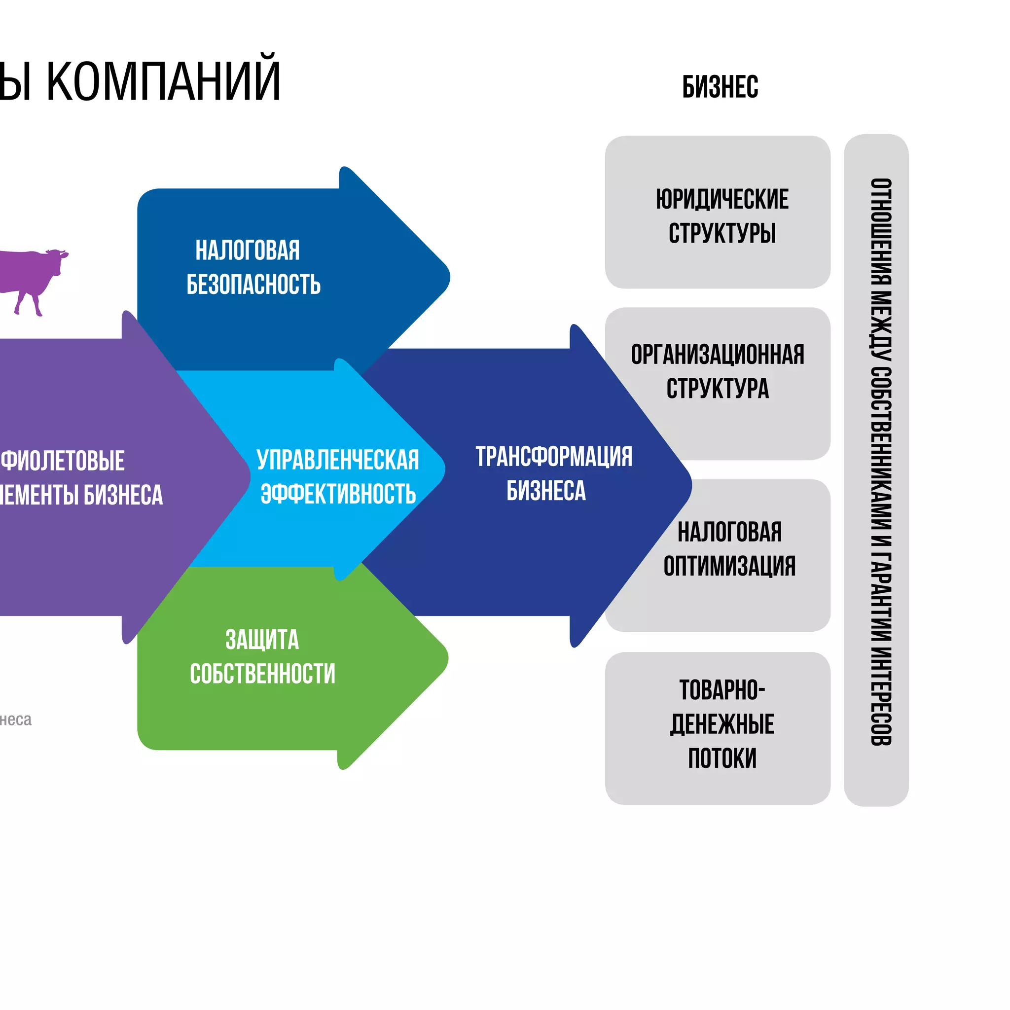 Ы КОМПАНИЙ
неса
защита
собственности
налоговая
безопасность
управленческая
эффективность
юридические
структуры
налоговая
оптимизация
организационная
структура
товарно-
денежные
потоки
бизнес
отношениямеждусобственникамиигарантииинтересов
трансформация
бизнеса
фиолетовые
лементы бизнеса
 