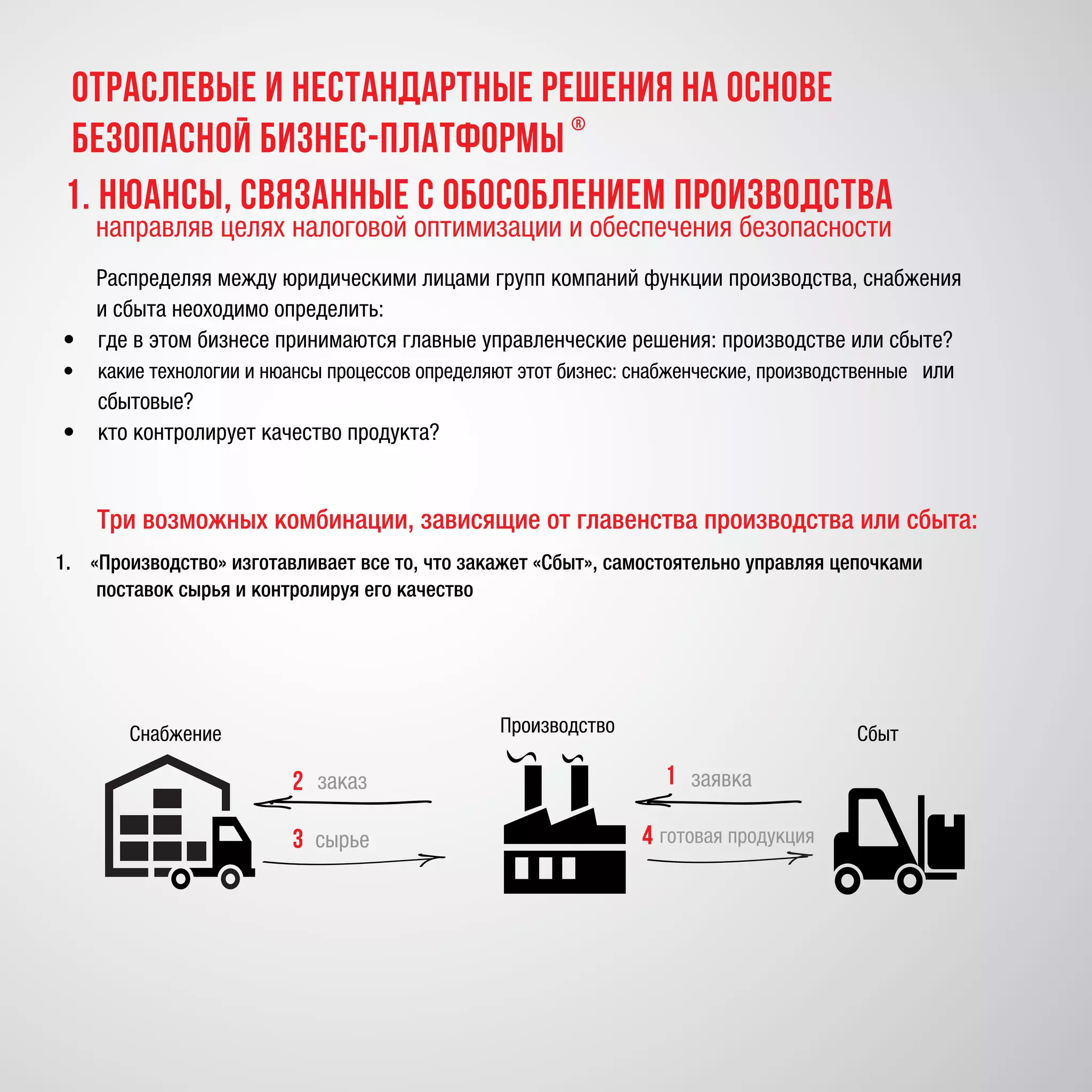 Производство СбытСнабжение
готовая продукция
заявказаказ
сырье
12
3 4
1.	Нюансы, связанные с обособлением производства
направляв целях налоговой оптимизации и обеспечения безопасности
Три возможных комбинации, зависящие от главенства производства или сбыта:
Распределяя между юридическими лицами групп компаний функции производства, снабжения
и сбыта неоходимо определить:
•	 где в этом бизнесе принимаются главные управленческие решения: производстве или сбыте?
•	 какие технологии и нюансы процессов определяют этот бизнес: снабженческие, производственные или
сбытовые?
•	 кто контролирует качество продукта?
1.	 «Производство» изготавливает все то, что закажет «Сбыт», самостоятельно управляя цепочками
поставок сырья и контролируя его качество
отраслевые и нестандартные решения на основе
Безопасной бизнес-платформы
®
 