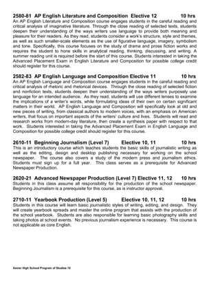 Xavier High School Program of Studies 10
2580-81 AP English Literature and Composition Elective 12 10 hrs
An AP English Literature and Composition course engages students in the careful reading and
critical analysis of imaginative literature. Through the close reading of selected texts, students
deepen their understanding of the ways writers use language to provide both meaning and
pleasure for their readers. As they read, students consider a work’s structure, style and themes,
as well as such smaller-scale elements as the use of figurative language, imagery, symbolism
and tone. Specifically, this course focuses on the study of drama and prose fiction works and
requires the student to hone skills in analytical reading, thinking, discussing, and writing. A
summer reading unit is required before the start of this course. Students interested in taking the
Advanced Placement Exam in English Literature and Composition for possible college credit
should register for this course.
2582-83 AP English Language and Composition Elective 11 10 hrs
An AP English Language and Composition course engages students in the careful reading and
critical analysis of rhetoric and rhetorical devices. Through the close reading of selected fiction
and nonfiction texts, students deepen their understanding of the ways writers purposely use
language for an intended audience. As they read, students will use different lenses to examine
the implications of a writer’s words, while formulating ideas of their own on certain significant
matters in their world. AP English Language and Composition will specifically look at old and
new pieces of writing, from classical authors to modern voices, with an emphasis on American
writers, that focus on important aspects of the writers’ culture and lives. Students will read and
research works from modern-day literature, then create a synthesis paper with respect to that
work. Students interested in taking the Advanced Placement Exam in English Language and
Composition for possible college credit should register for this course.
2610-11 Beginning Journalism (Level 7) Elective 10, 11 10 hrs
This is an introductory course which teaches students the basic skills of journalistic writing as
well as the editing, design and desktop publishing necessary for working on the school
newspaper. The course also covers a study of the modern press and journalism ethics.
Students must sign up for a full year. This class serves as a prerequisite for Advanced
Newspaper Production.
2620-21 Advanced Newspaper Production (Level 7) Elective 11, 12 10 hrs
Students in this class assume all responsibility for the production of the school newspaper.
Beginning Journalism is a prerequisite for this course, as is instructor approval.
2710-11 Yearbook Production (Level 5) Elective 10, 11, 12 10 hrs
Students in this course will learn basic journalistic styles of writing, editing, and design. They
will create yearbook spreads and master the online program that assists with the production of
the school yearbook. Students are also responsible for learning basic photography skills and
taking photos at school events. No previous journalism experience is necessary. This course is
not applicable as core English.
 