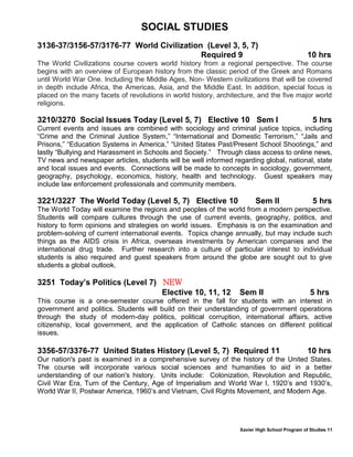 Xavier High School Program of Studies 11
SOCIAL STUDIES
3136-37/3156-57/3176-77 World Civilization (Level 3, 5, 7)
Required 9 10 hrs
The World Civilizations course covers world history from a regional perspective. The course
begins with an overview of European history from the classic period of the Greek and Romans
until World War One. Including the Middle Ages, Non- Western civilizations that will be covered
in depth include Africa, the Americas, Asia, and the Middle East. In addition, special focus is
placed on the many facets of revolutions in world history, architecture, and the five major world
religions.
3210/3270 Social Issues Today (Level 5, 7) Elective 10 Sem I 5 hrs
Current events and issues are combined with sociology and criminal justice topics, including
“Crime and the Criminal Justice System,” “International and Domestic Terrorism,” “Jails and
Prisons,” “Education Systems in America,” “United States Past/Present School Shootings,” and
lastly “Bullying and Harassment in Schools and Society.” Through class access to online news,
TV news and newspaper articles, students will be well informed regarding global, national, state
and local issues and events. Connections will be made to concepts in sociology, government,
geography, psychology, economics, history, health and technology. Guest speakers may
include law enforcement professionals and community members.
3221/3227 The World Today (Level 5, 7) Elective 10 Sem II 5 hrs
The World Today will examine the regions and peoples of the world from a modern perspective.
Students will compare cultures through the use of current events, geography, politics, and
history to form opinions and strategies on world issues. Emphasis is on the examination and
problem-solving of current international events. Topics change annually, but may include such
things as the AIDS crisis in Africa, overseas investments by American companies and the
international drug trade. Further research into a culture of particular interest to individual
students is also required and guest speakers from around the globe are sought out to give
students a global outlook.
3251 Today’s Politics (Level 7) NEW
Elective 10, 11, 12 Sem II 5 hrs
This course is a one-semester course offered in the fall for students with an interest in
government and politics. Students will build on their understanding of government operations
through the study of modern-day politics, political corruption, international affairs, active
citizenship, local government, and the application of Catholic stances on different political
issues.
3356-57/3376-77 United States History (Level 5, 7) Required 11 10 hrs
Our nation's past is examined in a comprehensive survey of the history of the United States.
The course will incorporate various social sciences and humanities to aid in a better
understanding of our nation's history. Units include: Colonization, Revolution and Republic,
Civil War Era, Turn of the Century, Age of Imperialism and World War I, 1920’s and 1930’s,
World War II, Postwar America, 1960’s and Vietnam, Civil Rights Movement, and Modern Age.
 