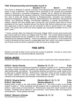 Xavier High School Program of Studies 22
7429 Entrepreneurship and Innovation (Level 7)
Elective 11, 12 Sem II 5 hrs
This course is designed to promote innovation and entrepreneurship and will promote avery
hands on type of approach. The students will be introduced to the concepts and processes
related to becoming a successful entrepreneur. Students will be utilizing the BizInnovator
curriculum developed by the Jacobson Institute for Youth Entrepreneurship (University of Iowa).
The units of study will include: Overview of Entrepreneurship, Innovation and Creativity,
Opportunity Recognition, Business Planning, Market Research and Marketing, Entrepreneurial
Finance, and Monitoring Strategy. Pre-requisite—Marketing is strongly recommended. In
addition, students that have already been running their own business would also be strong
candidates for this course. Students will earn five Xavier High School credits plus have a one-
time opportunity to take an exam from the University of Iowa to receive three U of I college
credits. The current cost is $150 and will be payable upon successful completion of the U of I
exam. Level 7.
** Xavier currently offers two Kirkwood Community College (KCC) courses that provide both
high school credit from Xavier and college credit from KCC. The courses offered through the
Business Department that are available for dual credit are: Intermediate Computer Business
Applications and Desktop Publishing. There is an additional cost passed on to the student that
is paid to Kirkwood but this amount is substantially lower than normal. Any student enrolled in
one of these courses at Xavier is expected to take the course as college credit.
FINE ARTS
Students must take at least 5 hours of fine arts courses to graduate. Courses in vocal music,
instrumental music, art, and drama fulfill this requirement.
VOCAL MUSIC
Students may register for more than one 5 hour course in vocal music if their schedule allows it.
8120-21 Xavier Chorale Elective 10, 11, 12 5 hrs
The Xavier Chorale is an auditioned ensemble for students in grades 10-12. Auditions are held
the previous spring semester and students are selected based on tone quality, musicianship,
sight-reading ability, and attitude. The ensemble rehearses and performs a wide variety of four
to eight part a cappella literature. Performances range from choral concerts to state contest.
The Xavier Chorale is the top curricular vocal ensemble at Xavier and rehearses daily.
Individual vocal development and ensemble musicianship are required.
8132-33 Singing Saints Elective Men 9, 10, 11, 12 5 hrs
8136-37 Bel Canto Elective Women 9 5 hrs
Singing Saints is open to any male student, grades 9-12. Bel Canto is open to any female
student in grade 9. These ensembles provide students with an opportunity to rehearse and
perform a wide variety of choral literature. Performances range from choral concerts to state
contests. Emphasis will be placed on vocal technique, music literacy skills, and exposure to
choral literature. These classes meet daily.
8140-41 Women's Chorale Elective 10, 11, 12 5 hrs
 
