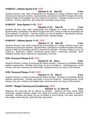 Xavier High School Program of Studies 30
9126/9127 Lifetime Sports 9-10 NEW
Elective 9, 10 Sem I/II 5 hrs
Students will learn rules, skills, fundamentals and strategies of a variety of lifetime sports, both
individual and dual sport activities. Sportsmanship, participation and effort throughout the class,
testing of skills and knowledge will all be methods of evaluation. Activities include, but are not
limited to : Archery, badminton, golf, pickle ball, cardio/bikes, jump roping.
9136/9137 Team Sports 11-12 NEW
Elective 11,12 Sem I/II 5 hrs
Students will learn rules, skills, fundamentals and strategies of a variety of team activities.
Sportsmanship, participation and effort throughout the class, testing of skills and knowledge will
all be methods of evaluation. Activities include, but are not limited to: flag football, lacrosse,
volleyball, Hooverball, indoor soccer, ultimate Frisbee, ultimate football.
9146/9147 Lifetime Sports 11-12 NEW
Elective 11, 12 Sem I/II 5 hrs
Students will learn rules, skills, fundamentals and strategies of a variety of lifetime sports, both
individual and dual sport activities. Sportsmanship, participation and effort throughout the class,
testing of skills and knowledge will all be methods of evaluation. Activities include, but are not
limited to: Badminton, outdoor recreational games (bocce, horseshoes, spikeball, “sand”
volleyball, bowling, tennis, table tennis, trapshooting, Fish Iowa.
9154 Personal Fitness 9-10 NEW
Elective 9, 10 Sem I 5 hrs
Students will learn a variety of cardiovascular fitness activities. Emphasis is to establish lifelong
wellness opportunities. Activities will include, but are not limited to: cardio/endurance, circuit
training, core work, medicine and stability balls, resistance bands, low impact, DVD workouts.
9155 Personal Fitness 11-12 NEW
Elective 11, 12 Sem II 5 hrs
Students will learn a variety of cardiovascular fitness activities. Emphasis is to extablish lifelong
wellness opportunities. Activities will include, but are not limited to: Cardio/endurance, circuit
training, core work, medicine and stability balls, resistance bands, low impact, DVD workouts.
9170/71 Weight Training and Conditioning NEW
Elective 11, 12 Sem I/II 5 hrs
Beginning and advanced will be offered to students. Students will learn proper lifting
techniques, spotting methods, weight room safety and workout routines specific to student’s
emphasis. Activities will include, but are not limited to circuit training, core work, endurance,
free weights, lower body lifts, upper body lifts, plyometrics.
 