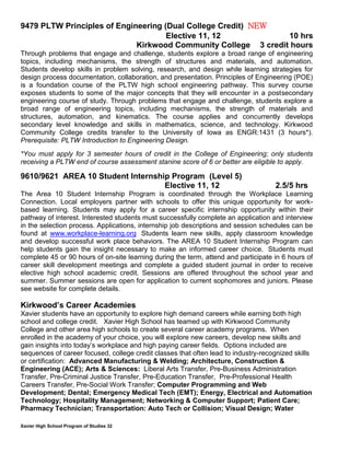 Xavier High School Program of Studies 32
9479 PLTW Principles of Engineering (Dual College Credit) NEW
Elective 11, 12 10 hrs
Kirkwood Community College 3 credit hours
Through problems that engage and challenge, students explore a broad range of engineering
topics, including mechanisms, the strength of structures and materials, and automation.
Students develop skills in problem solving, research, and design while learning strategies for
design process documentation, collaboration, and presentation. Principles of Engineering (POE)
is a foundation course of the PLTW high school engineering pathway. This survey course
exposes students to some of the major concepts that they will encounter in a postsecondary
engineering course of study. Through problems that engage and challenge, students explore a
broad range of engineering topics, including mechanisms, the strength of materials and
structures, automation, and kinematics. The course applies and concurrently develops
secondary level knowledge and skills in mathematics, science, and technology. Kirkwood
Community College credits transfer to the University of Iowa as ENGR:1431 (3 hours*).
Prerequisite: PLTW Introduction to Engineering Design.
*You must apply for 3 semester hours of credit in the College of Engineering; only students
receiving a PLTW end of course assessment stanine score of 6 or better are eligible to apply.
9610/9621 AREA 10 Student Internship Program (Level 5)
Elective 11, 12 2.5/5 hrs
The Area 10 Student Internship Program is coordinated through the Workplace Learning
Connection. Local employers partner with schools to offer this unique opportunity for work-
based learning. Students may apply for a career specific internship opportunity within their
pathway of interest. Interested students must successfully complete an application and interview
in the selection process. Applications, internship job descriptions and session schedules can be
found at www.workplace-learning.org Students learn new skills, apply classroom knowledge
and develop successful work place behaviors. The AREA 10 Student Internship Program can
help students gain the insight necessary to make an informed career choice. Students must
complete 45 or 90 hours of on-site learning during the term, attend and participate in 6 hours of
career skill development meetings and complete a guided student journal in order to receive
elective high school academic credit. Sessions are offered throughout the school year and
summer. Summer sessions are open for application to current sophomores and juniors. Please
see website for complete details.
Kirkwood’s Career Academies
Xavier students have an opportunity to explore high demand careers while earning both high
school and college credit. Xavier High School has teamed up with Kirkwood Community
College and other area high schools to create several career academy programs. When
enrolled in the academy of your choice, you will explore new careers, develop new skills and
gain insights into today’s workplace and high paying career fields. Options included are
sequences of career focused, college credit classes that often lead to industry-recognized skills
or certification: Advanced Manufacturing & Welding; Architecture, Construction &
Engineering (ACE); Arts & Sciences: Liberal Arts Transfer, Pre-Business Administration
Transfer, Pre-Criminal Justice Transfer, Pre-Education Transfer, Pre-Professional Health
Careers Transfer, Pre-Social Work Transfer; Computer Programming and Web
Development; Dental; Emergency Medical Tech (EMT); Energy, Electrical and Automation
Technology; Hospitality Management; Networking & Computer Support; Patient Care;
Pharmacy Technician; Transportation: Auto Tech or Collision; Visual Design; Water
 