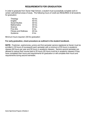 Xavier High School Program of Studies 4
REQUIREMENTS FOR GRADUATION
In order to graduate from Xavier High School, a student must successfully complete work in
certain well-defined areas of study. The following hours of credit are REQUIRED of all students
for graduation:
Theology 40 hrs
English 40 hrs
Social Studies 30 hrs
Mathematics 30 hrs
Science 30 hrs
Fine Arts 5 hrs
Fitness and Wellness 20 hrs
Guidance 4 hrs
Minimum hours required: 230 for graduation
For early graduation, check procedure as outlined in the student handbook.
NOTE: Freshmen, sophomores, juniors and first semester seniors registered at Xavier must be
enrolled in 30 hours of coursework each semester with a minimum of 25 hours in academic
classes (60 hours per year and 50 hours in academic classes). Seniors second semester are
allowed to reduce their course load to 25 hours (20 hours must be in academic classes) if they
have completed their hours and requirements for graduation or will complete their hours and
requirements during second semester.
 