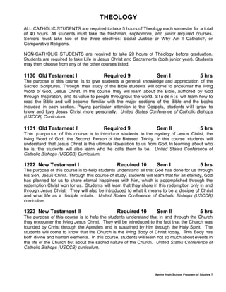 Xavier High School Program of Studies 7
THEOLOGY
ALL CATHOLIC STUDENTS are required to take 5 hours of Theology each semester for a total
of 40 hours. All students must take the freshman, sophomore, and junior required courses.
Seniors must take two of the three electives: Social Justice or Why Am I Catholic?, or
Comparative Religions.
NON-CATHOLIC STUDENTS are required to take 20 hours of Theology before graduation.
Students are required to take Life in Jesus Christ and Sacraments (both junior year). Students
may then choose from any of the other courses listed.
1130 Old Testament I Required 9 Sem I 5 hrs
The purpose of this course is to give students a general knowledge and appreciation of the
Sacred Scriptures. Through their study of the Bible students will come to encounter the living
Word of God, Jesus Christ. In the course they will learn about the Bible, authored by God
through Inspiration, and its value to people throughout the world. S t u d e n t s will learn how to
read the Bible and will become familiar with the major sections of the Bible and the books
included in each section. Paying particular attention to the Gospels, students will grow to
know and love Jesus Christ more personally. United States Conference of Catholic Bishops
(USCCB) Curriculum.
1131 Old Testament II Required 9 Sem II 5 hrs
T h e p u rp o se of this course is to introduce students to the mystery of Jesus Christ, the
living Word of God, the Second Person of the Blessed Trinity. In this course students will
understand that Jesus Christ is the ultimate Revelation to us from God. In learning about who
he is, the students will also learn who he calls them to be. United States Conference of
Catholic Bishops (USCCB) Curriculum.
1222 New Testament I Required 10 Sem I 5 hrs
The purpose of this course is to help students understand all that God has done for us through
his Son, Jesus Christ. Through this course of study, students will learn that for all eternity, God
has planned for us to share eternal happiness with him, which is accomplished through the
redemption Christ won for us. Students will learn that they share in this redemption only in and
through Jesus Christ. They will also be introduced to what it means to be a disciple of Christ
and what life as a disciple entails. United States Conference of Catholic Bishops (USCCB)
curriculum.
1223 New Testament II Required 10 Sem II 5 hrs
The purpose of this course is to help the students understand that in and through the Church
they encounter the living Jesus Christ. They will be introduced to the fact that the Church was
founded by Christ through the Apostles and is sustained by him through the Holy Spirit. The
students will come to know that the Church is the living Body of Christ today. This Body has
both divine and human elements. In this course, students will learn not so much about events in
the life of the Church but about the sacred nature of the Church. United States Conference of
Catholic Bishops (USCCB) curriculum.
 