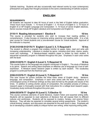 Xavier High School Program of Studies 9
Catholic teaching. Students will also occasionally read relevant works by more contemporary
philosophers and apply their thought processes to the same understanding of Catholic scripture.
ENGLISH
REQUIREMENTS
All students are required to take 40 hours of work in the field of English before graduation.
These hours must include: 1. 10 hours of English I 2. 10 hours of English II 3. 10 hours of
English III or AP English Language and Composition 4. 10 hours of senior English electives.
Senior courses include AP English Literature and Composition and English IV.
2110-11 Reading Advancement I Elective 9 10 hrs
This course is provided for students who wish to increase their reading abilities in
comprehension. It also focuses on improving writing, grammar and spelling skills. It is a full-
year course for 3-level students and a one-semester course for 5-level students. Approval of
the instructor is required.
2130-31/2150-51/2170-71 English I (Level 3, 5, 7) Required 9 10 hrs
The student is offered a program that enables him/her to speak, listen, read and write with
increasing understanding. Literature is studied by genre, including short story, drama, poetry,
novel and mythology. A literature-based research paper is written by each student. A
sequential vocabulary program is followed throughout the year. Emphasis in each area varies
with the level.
2250-51/2270-71 English II (Level 5, 7) Required 10 10 hrs
This course builds on the language arts program introduced in English I. The study of literature
is by genre. Speech and writing place emphasis on effective use of language as a tool of self-
expression. A literature based research paper is written by each student. The vocabulary
program is continued from the freshman year.
2350-51/2370-71 English III (Level 5, 7) Required 11 10 hrs
This core course for juniors includes the three basic areas of English study: literature,
language, and composition. Emphasis in each area varies with the level. Literature is a
chronological survey of American writings as they were formed by the people and issues of the
times. In addition to writing shorter pieces of composition, the complete process of writing a
research paper is thoroughly covered with final instructions for a college level research paper.
Vocabulary study continues throughout the junior year.
2454-55/2476-77 English IV (Level 5, 7) Elective 12 10 hrs
This course combines elements of world literature, modern fiction and essential writing skills.
Students will be expected to read selections of literature that will expose them to different
cultures and worldviews. Students will be exposed to mystery, fantasy, and science fiction
literature. They will also be expected to complete several writing assignments. The student’s
critical thinking, analysis, and discussion are essential for the work done in class. Emphasis will
be on developing a student’s ability to critique his/her own writing, while improving writing skills.
 