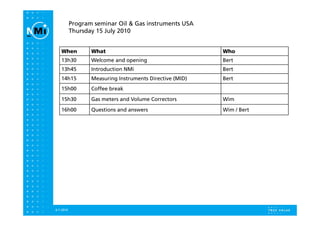 Program seminar Oil & Gas instruments USA
           Thursday 15 July 2010


   When           What                                    Who
   13h30          Welcome and opening                     Bert
   13h45          Introduction NMi                        Bert
   14h15          Measuring Instruments Directive (MID)   Bert
   15h00          Coffee break
                  C ff b     k
   15h30          Gas meters and Volume Correctors        Wim
   16h00          Questions and answers                   Wim / Bert




                                                                       1

6-7-2010
 
