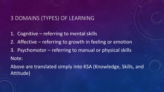 3 DOMAINS (TYPES) OF LEARNING
1. Cognitive – referring to mental skills
2. Affective – referring to growth in feeling or e...