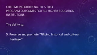 CHED MEMO ORDER NO. 20, S 2014
PROGRAM OUTCOMES FOR ALL HIGHER EDUCATION
INSTITUTIONS
The ability to:
5. Preserve and prom...