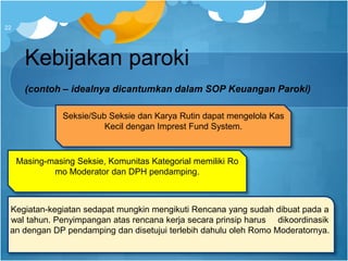 Kebijakan paroki
(contoh – idealnya dicantumkan dalam SOP Keuangan Paroki)
22
Seksie/Sub Seksie dan Karya Rutin dapat mengelola Kas
Kecil dengan Imprest Fund System.
Masing-masing Seksie, Komunitas Kategorial memiliki Ro
mo Moderator dan DPH pendamping.
Kegiatan-kegiatan sedapat mungkin mengikuti Rencana yang sudah dibuat pada a
wal tahun. Penyimpangan atas rencana kerja secara prinsip harus dikoordinasik
an dengan DP pendamping dan disetujui terlebih dahulu oleh Romo Moderatornya.
 