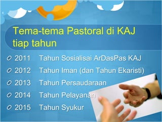 Tema-tema Pastoral di KAJ
tiap tahun
2011 Tahun Sosialisai ArDasPas KAJ
2012 Tahun Iman (dan Tahun Ekaristi)
2013 Tahun Persaudaraan
2014 Tahun Pelayanan
2015 Tahun Syukur
6
 