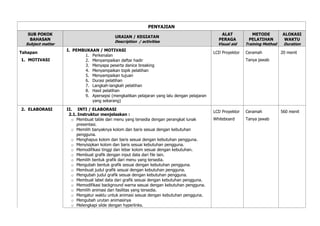 PENYAJIAN
SUB POKOK
BAHASAN
Subject matter
URAIAN / KEGIATAN
Description / activities
ALAT
PERAGA
Visual aid
METODE
PELATIHAN
Training Method
ALOKASI
WAKTU
Duration
Tahapan
1. MOTIVASI
I. PEMBUKAAN / MOTIVASI
1. Perkenalan
2. Menyampaikan daftar hadir
3. Menyapa peserta danice breaking
4. Menyampaikan topik pelatihan
5. Menyampaikan tujuan
6. Durasi pelatihan
7. Langkah-langkah pelatihan
8. Hasil pelatihan
9. Apersepsi (mengkaitkan pelajaran yang lalu dengan pelajaran
yang sekarang)
LCD Proyektor Ceramah
Tanya jawab
20 menit
2. ELABORASI II. INTI / ELABORASI
2.1. Instruktur menjelaskan :
o Membuat table dari menu yang tersedia dengan perangkat lunak
presentasi.
o Memilih banyaknya kolom dan baris sesuai dengan kebutuhan
pengguna.
o Menghapus kolom dan baris sesuai dengan kebutuhan pengguna.
o Menyisipkan kolom dan baris sesuai kebutuhan pengguna.
o Memodifikasi tinggi dan lebar kolom sesuai dengan kebutuhan.
o Membuat grafik dengan input data dari file lain.
o Memilih bentuk grafik dari menu yang tersedia.
o Mengubah bentuk grafik sesuai dengan kebutuhan pengguna.
o Membuat judul grafik sesuai dengan kebutuhan pengguna.
o Mengubah judul grafik sesuai dengan kebutuhan pengguna.
o Membuat label data dari grafik sesuai dengan kebutuhan pengguna.
o Memodifikasi background warna sesuai dengan kebutuhan pengguna.
o Memilih animasi dari fasilitas yang tersedia.
o Mengatur waktu untuk animasi sesuai dengan kebutuhan pengguna.
o Mengubah urutan animasinya
o Melengkapi silde dengan hyperlinks.
LCD Proyektor
Whiteboard
Ceramah
Tanya jawab
560 menit
 