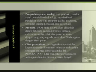 • Pengembangan tecknologi dan produk: transfer
                     atau komersialisasi teknologi, memfasilitasi
                     perolehan teknologi, program quality assurance,
                     sewa dan leasing peralatan, jasa design, dll
Lanjutan MANFAAT




                   • Promosi , UKM mitra peserta akan diikutkan
                     dalam beberapa kegiatan promosi dimedia
                     elektronik, media cetak atau pameran sesuai
                     dengan program yang ada, serta akan dihubungkan
                     dengan akses pasar.
                   • Citra perusahaan, meningkatkan reputasi dan
                     kepercayaan dari konsumen terhadap usaha mitra
                     sehingga lembaga donor dalam hal ini
                     PERUSAHAAN tidak mengalami kredit macet,
                     walau jumlah mitra binaan semakin banyak.
 