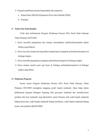 4
6. Program pembinaan prestasi kepemudaan dan organisasi
a. Ikatan Santri (IKSAN)/Organisasi Siswa Intra Sekolah (OSIS)
b. Pramuka
F. Tolok Ukur Keberhasilan
Tolok ukur keberhasilan Program Pembinaan Prestasi MTs Nurul Huda Sukaraja
Tahun Pelajaran 2019/2020:
1. Siswa memiliki pengalaman dan mampu menunjukkan keahlian/keterampilan dalam
bidang yang ditekuni.
2. Siswa mau dan mampu bersaing dalam berpartisipasi mengikuti perlombaan/kompetisi di
berbagai tingkat.
3. Siswa memiliki pengalaman mengikuti perlombaan/kompetisi di berbagai tingkat.
4. Siswa mampu meraih juara tiga besar di berbagai perlombaa/kompetsisi di berbagai
tingkat yang diikuti.
G. Pelaksana Program
Secara umum Program Pembinaan Prestasi MTs Nurul Huda Sukaraja Tahun
Pelajaran 2019/2020 merupakan tanggung jawab kepala madrasah. Akan tetapi dalam
pelaksanaan program ditangani langsung oleh guru-guru madrasah dan instruktur/tutor
pembina dari luar madrasah yang dikoordinir secara bersama oleh wakil kepala madrasah
bidang kesiswaan, wakil kepala madrasah bidang kurikulum, wakil kepala madrasah bidang
humas, dan pembina IKSAN/OSIS.
 
