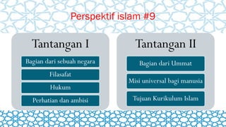 Perspektif islam #9
Tantangan I
Bagian dari sebuah negara
Filasafat
Hukum
Perhatian dan ambisi
Tantangan II
Bagian dari Ummat
Misi universal bagi manusia
Tujuan Kurikulum Islam
 