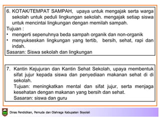 6. KOTAK/TEMPAT SAMPAH,  u paya untuk mengajak serta  warga sekolah untuk peduli  lingkungan sekolah.   mengajak setiap  siswa  untuk mencintai lingkungan dengan memilah sampah . Tujuan : mengerti sepenuhnya beda sampah organik dan non-organik  menyukseskan lingkungan yang  tertib,  b ersih,  sehat,  rapi  dan  indah .  Sasaran: Siswa sekolah dan lingkungan 7. Kantin Kejujuran dan Kantin Sehat Sekolah, upaya membentuk sifat jujur kepada siswa dan penyediaan makanan sehat di di sekolah. Tujuan: meningkatkan mental dan sifat jujur, serta menjaga kesehatan dengan makanan yang bersih dan sehat. Sasaran: siswa dan guru 