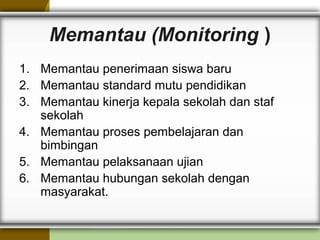 Memantau (Monitoring )
1. Memantau penerimaan siswa baru
2. Memantau standard mutu pendidikan
3. Memantau kinerja kepala sekolah dan staf
sekolah
4. Memantau proses pembelajaran dan
bimbingan
5. Memantau pelaksanaan ujian
6. Memantau hubungan sekolah dengan
masyarakat.
 