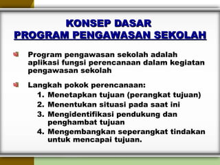 KONSEP DASARKONSEP DASAR
PROGRAM PENGAWASAN SEKOLAHPROGRAM PENGAWASAN SEKOLAH
Program pengawasan sekolah adalah
aplikasi fungsi perencanaan dalam kegiatan
pengawasan sekolah
Langkah pokok perencanaan:
1. Menetapkan tujuan (perangkat tujuan)
2. Menentukan situasi pada saat ini
3. Mengidentifikasi pendukung dan
penghambat tujuan
4. Mengembangkan seperangkat tindakan
untuk mencapai tujuan.
 