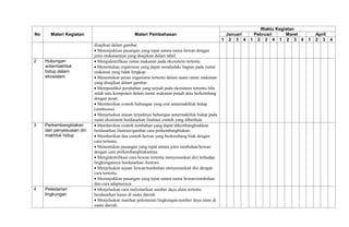 No Materi Kegiatan Materi Pembahasan
Waktu Kegiatan
Januari Pebruari Maret April
1 2 3 4 1 2 3 4 1 2 3 4 1 2 3 4
disajikan dalam gambar.
Menunjukkan pasangan yang tepat antara nama hewan dengan
jenis makanannya yang disajikan dalam tabel.
2 Hubungan
antarmakhluk
hidup dalam
ekosistem
Mengidentifikasi rantai makanan pada ekosistem tertentu.
Menentukan organisme yang dapat menduduki bagian pada rantai
makanan yang tidak lengkap.
Menentukan peran organisme tertentu dalam suatu rantai makanan
yang disajikan dalam gambar.
Memprediksi perubahan yang terjadi pada ekosistem tertentu bila
salah satu komponen dalam rantai makanan punah atau berkembang
dengan pesat.
Memberikan contoh hubungan yang erat antarmakhluk hidup
(simbiosis).
Menjelaskan alasan terjadinya hubungan antarmakhluk hidup pada
suatu ekosistem berdasarkan ilustrasi contoh yang diberikan
3 Perkembangbiakan
dan penyesuaian diri
makhluk hidup
Memberikan contoh tumbuhan yang dapat dikembangbiakkan
berdasarkan ilustrasi/gambar cara perkembangbiakan.
Memberikan dua contoh hewan yang berkembang biak dengan
cara tertentu.
Menentukan pasangan yang tepat antara jenis tumbuhan/hewan
dengan cara perkembangbiakannya.
Mengidentifikasi cara hewan tertentu menyesuaikan diri terhadap
lingkungannya berdasarkan ilustrasi.
Menjelaskan tujuan hewan/tumbuhan menyesuaikan diri dengan
cara tertentu.
Menunjukkan pasangan yang tepat antara nama hewan/tumbuhan
dan cara adaptasinya
4 Pelestarian
lingkungan
Menjelaskan cara melestarikan sumber daya alam tertentu
berdasarkan kasus di suatu daerah.
Menjelaskan manfaat pelestarian lingkungan/sumber daya alam di
suatu daerah.
 