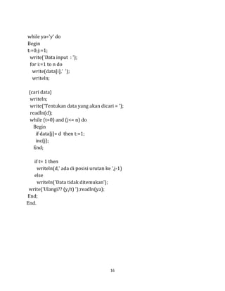 16
while ya='y' do
Begin
t:=0;j:=1;
write('Data input : ');
for i:=1 to n do
write(data[i],' ');
writeln;
{cari data}
writeln;
write('Tentukan data yang akan dicari = ');
readln(d);
while (t=0) and (j<= n) do
Begin
if data[j]= d then t:=1;
inc(j);
End;
if t= 1 then
writeln(d,' ada di posisi urutan ke ',j-1)
else
writeln('Data tidak ditemukan');
write('Ulangi?? (y/t) ');readln(ya);
End;
End.
 