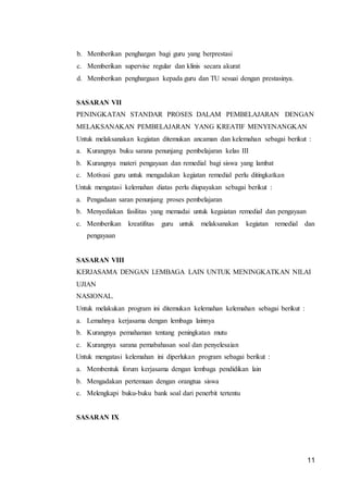 11
b. Memberikan penghargan bagi guru yang berprestasi
c. Memberikan supervise regular dan klinis secara akurat
d. Memberikan penghargaan kepada guru dan TU sesuai dengan prestasinya.
SASARAN VII
PENINGKATAN STANDAR PROSES DALAM PEMBELAJARAN DENGAN
MELAKSANAKAN PEMBELAJARAN YANG KREATIF MENYENANGKAN
Untuk melaksanakan kegiatan ditemukan ancaman dan kelemahan sebagai berikut :
a. Kurangnya buku sarana penunjang pembelajaran kelas III
b. Kurangnya materi pengayaan dan remedial bagi siswa yang lambat
c. Motivasi guru untuk mengadakan kegiatan remedial perlu ditingkatkan
Untuk mengatasi kelemahan diatas perlu diupayakan sebagai berikut :
a. Pengadaan saran penunjang proses pembelajaran
b. Menyediakan fasilitas yang memadai untuk kegaiatan remedial dan pengayaan
c. Memberikan kreatifitas guru untuk melaksanakan kegiatan remedial dan
pengayaan
SASARAN VIII
KERJASAMA DENGAN LEMBAGA LAIN UNTUK MENINGKATKAN NILAI
UJIAN
NASIONAL.
Untuk melakukan program ini ditemukan kelemahan kelemahan sebagai berikut :
a. Lemahnya kerjasama dengan lembaga lainnya
b. Kurangnya pemahaman tentang peningkatan mutu
c. Kurangnya sarana pemabahasan soal dan penyelesaian
Untuk mengatasi kelemahan ini diperlukan program sebagai berikut :
a. Membentuk forum kerjasama dengan lembaga pendidikan lain
b. Mengadakan pertemuan dengan orangtua siswa
c. Melengkapi buku-buku bank soal dari penerbit tertentu
SASARAN IX
 