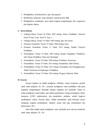 2
3. Meningkatkan profesionalisme guru dan pegawai
4. Memberikan pelayanan yang maksimal kepada peserta didik
5. Meningkatkan pemahaman siswa dalam kegiatan pengembangan diri, keagamaan
dan kegiatan lainnya.
C. DasarHukum
1. Undang-Undang Nomor 20 Tahun 2003 tentang Sistem Pendidikan Nasional
Pasal 38 Ayat 2 dan Pasal 51 Ayat 1;
2. Undang-Undang Nomor 14 Tahun 2005 tentang guru dan dosen;
3. Peraturan Pemerintah Nomor 74 Tahun 2008 tentang Guru;
4. Peraturan Pemerintah Nomor 13 Tahun 2015 tentang Standar Nasional
Pendidikan;
5. Permendiknas Nomor 19 Tahun 2007 tentang Standar Pengolahan Pendidikan
oleh Satuan Pendidikan Dasar dan Menengah;
6. Permendiknas Nomor 39 Tahun 2008 tentang Pembinaan Kesiswaan;
7. Permendiknas Nomor 23 Tahun 2015 tentang Penumbuhan Budi Pekerti;
8. Permendikbud Nomor 82 Tahun 2015 tentang Pencegahan dan Penanggulangan
Tindak Kekerasan di Lingkungan Pendidikan;
9. Permendikbud Nomor 19 Tahun 2016 tentang Program Indonesia Pintar.
D. Sasaran
Sasaran kegiatan ini adalah penigkatan efektifitas semua komponen sekolah
untuk tahun pelajaran 20.../20..., termasuk peningkatan mutu pendidikan baik pada
kegaiatan pengembangan akademik maupun kegaiatan non akademik. Selain itu
usaha peningkatan pada kualitas guru dalam pembelajaran berupa kemampuan dalam
menyusun KTSP, melaksanakan dan memberikan penilaian setelah kegiatan
pembelajaran selesai. Sasaran lainya adalah penambahan pada beberapa sarana
penunjang kegiatan pembelajaran, misalnya sarana olah raga, perpustakaan dan
laboratorium IPA.
Hasil akhir adalah terjadi peningkatan mutu akademik siswa dan non akademik
untuk tahun pelajaran 20.../20....
 