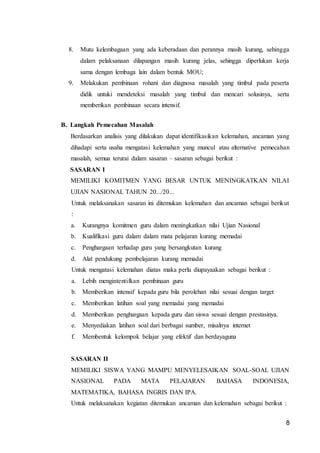 8
8. Mutu kelembagaan yang ada keberadaan dan perannya masih kurang, sehingga
dalam pelaksanaan dilapangan masih kurang jelas, sehingga diperlukan kerja
sama dengan lembaga lain dalam bentuk MOU;
9. Melakukan pembinaan rohani dan diagnosa masalah yang timbul pada peserta
didik untuki mendeteksi masalah yang timbul dan mencari solusinya, serta
memberikan pembinaan secara intensif.
B. Langkah Pemecahan Masalah
Berdasarkan analisis yang dilakukan dapat identifikasikan kelemahan, ancaman yang
dihadapi serta usaha mengatasi kelemahan yang muncul atau alternative pemecahan
masalah, semua terurai dalam sasaran – sasaran sebagai berikut :
SASARAN I
MEMILIKI KOMITMEN YANG BESAR UNTUK MENINGKATKAN NILAI
UJIAN NASIONAL TAHUN 20.../20...
Untuk melaksanakan sasaran ini ditemukan kelemahan dan ancaman sebagai berikut
:
a. Kurangnya komitmen guru dalam meningkatkan nilai Ujian Nasional
b. Kualifikasi guru dalam dalam mata pelajaran kurang memadai
c. Penghargaan terhadap guru yang bersangkutan kurang
d. Alat pendukung pembelajaran kurang memadai
Untuk mengatasi kelemahan diatas maka perlu diupayaakan sebagai berikut :
a. Lebih mengintentifkan pembinaan guru
b. Memberikan intensif kepada guru bila perolehan nilai sesuai dengan target
c. Memberikan latihan soal yang memadai yang memadai
d. Memberikan penghargaan kepada guru dan siswa sesuai dengan prestasinya.
e. Menyediakan latihan soal dari berbagai sumber, misalnya internet
f. Membentuk kelompok belajar yang efektif dan berdayaguna
SASARAN II
MEMILIKI SISWA YANG MAMPU MENYELESAIKAN SOAL-SOAL UJIAN
NASIONAL PADA MATA PELAJARAN BAHASA INDONESIA,
MATEMATIKA, BAHASA INGRIS DAN IPA.
Untuk melaksanakan kegiatan ditemukan ancaman dan kelemahan sebagai berikut :
 