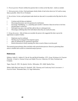 2. Present question: Present verbally the question that is written on the flip chart—clarify as needed.

3. Silent generation of ideas: Each participant silently thinks of and writes down (on 3x5 card) as many
ideas as possible. Allow five to 10 minutes.

4. Record ideas: In turn, each participant reads aloud one idea and it is recorded on the flip chart for all to
see.

•       Continue until all ideas are depleted.
•       Discourage discussion, not even questions for clarification.
•       Encourage “hitchhiking,” i.e., expanding upon another’s statement. Ideas do not have to be from
        the participant’s written list.
•       Participant may pass a turn and then add an idea at a subsequent turn
•       Discourage combining ideas from individuals unless they are exactly the same.

5. Group discussion: After all ideas are recorded, the person who suggested the idea is given the
opportunity to explain it further.

•       Duplicates may be combined.
•       Wording may be changed if the originator agrees.
•       Ideas are deleted only by unanimous agreement.
•       Restrict discussion to clarify meaning; the value or merit of ideas is not discussed.

The nominal group technique often concludes with a prioritization process. However, generating ideas
alone is valuable and is useful in a situational analysis process.


References

Delbecq, Andre H., Andrew H. Van de Ven and David Gustafson. 1975. Group Techniques for Program
Planning: A Guide to Nominal Group and Delphi Processes. Glenview, Ill: Scott, Foresman and
Company.

Tague, Nancy R. 1995. The Quality Toolbox. Milwaukee, WI: ASQC Quality Press.

Witkin, Belle Ruth and James W. Altschuld. 1995. Planning and Conducting Needs Assessment: A
Practical Guide. Thousands Oaks, CA: Sage Publications.




                           48
 