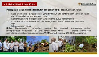 4.1. Rehabilitasi Lahan Kritis
Percepatan Target Rehabilitasi Hutan dan Lahan (RHL) pada Kawasan Hutan
• Luas lahan kritis 12,7 juta hektar yang terdiri 7,4 juta hektar dalam kawasan hutan
dan 5,3 juta hektar luar kawasan hutan
Kemampuan RHL menggunakan APBN hanya 5.000 hektar/tahun
Produksi bibit persemaian 45 juta batang/tahun dari 9 persemaian permanen
dan
53 persemaian biasa.
•
•
Solusi: Menggandeng komunitas, swasta, dan kelompok masyarakat untuk
mempercepat rehabilitasi 12,7 juta hektar lahan krit is
melalui
skema karbon dan
perhutanan sosial dengan kemampuan RHL menjadi minimal 250.000 hektar/tahun
 