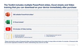 The Toolkit includes multiple PowerPoint slides, Excel sheets and Video
training that you can download on your device immediately after purchase
500 editable PowerPoint slides*
21 Excel sheets*
36 minutes of Video training
*Please note that the number of Powerpoint slides and Excel sheets listed is the number of unique slides and sheets. For example, a Powerpoint slide
that has been duplicated to facilitate our clients’ understanding only counts for one slide
1. Overview and Approach
2. Program Management
3. Project Management Traditional Approach
4. Project Management Agile Approach
5. Change Management
Domont Consulting 15
 