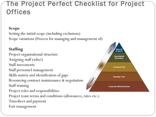 The Project Per fect Checklist for Project
Of fices

Scope
Setting the initial scope (including exclusions)
Scope variations (Process for managing and management of)

Staffing
Project organisational structure
Assigning staff (who?)
Staff movements
Staff personnel management
Skills matrix and identification of gaps
Resourcing contract maintenance & negotiation
Staff training
Project roles and responsibilities
Project team terms and conditions (allowances, rates etc.)
Timesheet and payment
Exit management
 