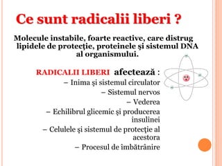 Molecule instabile, foarte reactive, care distrug
lipidele de protecţie, proteinele şi sistemul DNA
al organismului.
RADICALII LIBERI afectează :
– Inima şi sistemul circulator
– Sistemul nervos
– Vederea
– Echilibrul glicemic şi producerea
insulinei
– Celulele şi sistemul de protecţie al
acestora
– Procesul de îmbătrânire
Ce sunt radicalii liberi ?
 