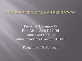 Presentasi kelompok IX
Fikri Abdul Aziz 11411001
Ahmad afif 11411020
Muhammad Iqbal Fahmi 10410066
Pengampu : Dr. Sukiman
 