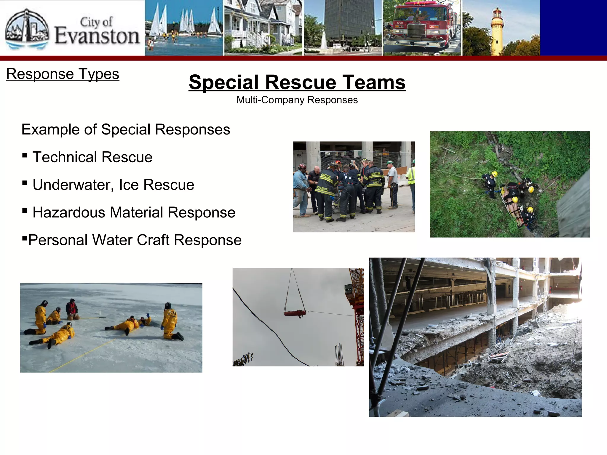 Response Types
Special Rescue Teams
Multi-Company Responses
Example of Special Responses
 Technical Rescue
 Underwater, Ice Rescue
 Hazardous Material Response
Personal Water Craft Response
 