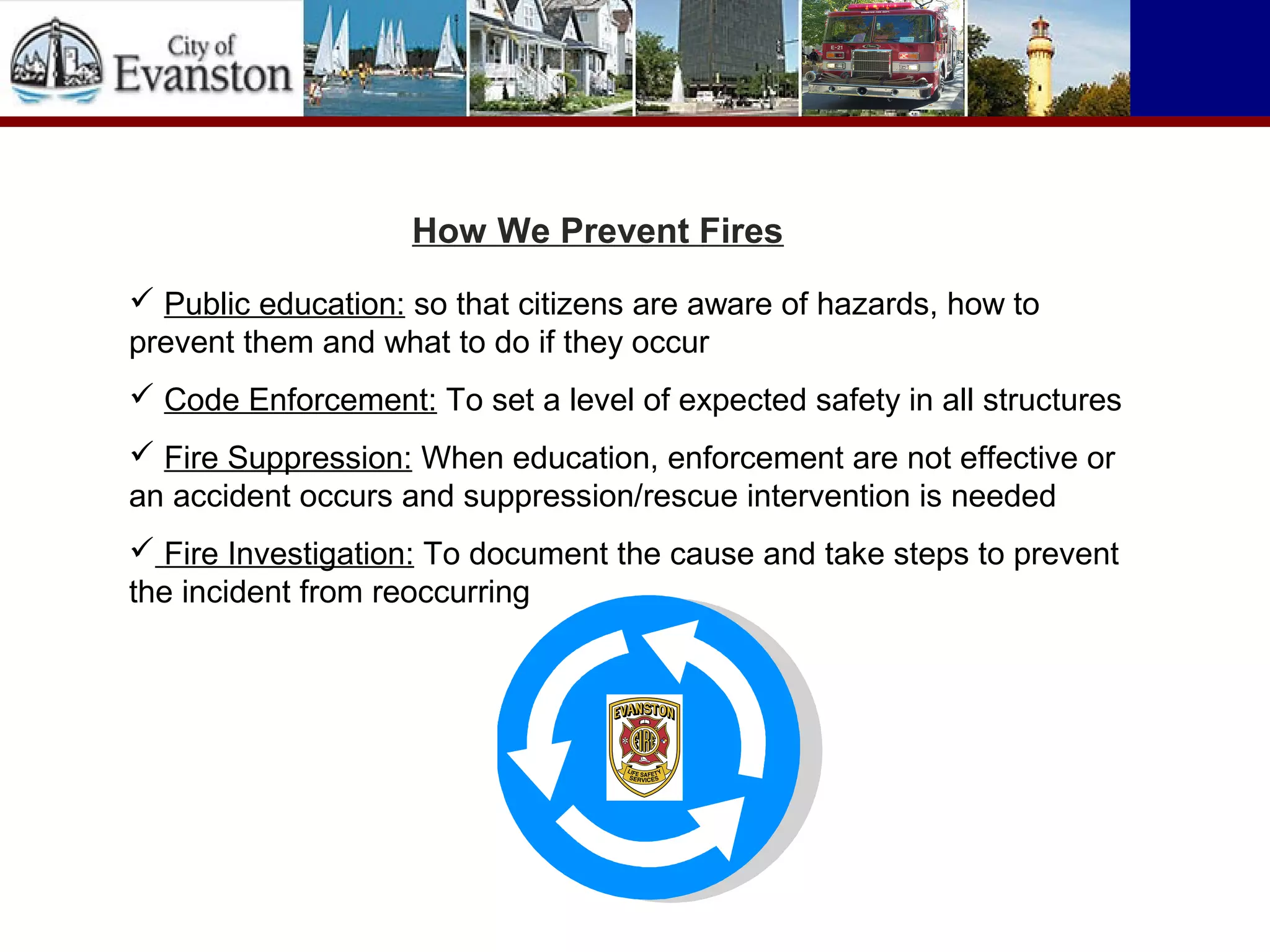  Public education: so that citizens are aware of hazards, how to
prevent them and what to do if they occur
 Code Enforcement: To set a level of expected safety in all structures
 Fire Suppression: When education, enforcement are not effective or
an accident occurs and suppression/rescue intervention is needed
 Fire Investigation: To document the cause and take steps to prevent
the incident from reoccurring
How We Prevent Fires
 