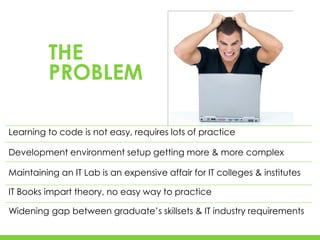 THE
          PROBLEM

Learning to code is not easy, requires lots of practice

Development environment setup getting more & more complex

Maintaining an IT Lab is an expensive affair for IT colleges & institutes

IT Books impart theory, no easy way to practice

Widening gap between graduate’s skillsets & IT industry requirements
 