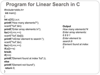 Program for Linear Search in C
#include<stdio.h>
int main()
{
int a[20],i,x,n;
printf("How many elements?");
scanf("%d",&n);
printf("Enter array elements:n");
for(i=0;i<n;++i)
scanf("%d",&a[i]);
printf("nEnter element to search:");
scanf("%d",&x);
for(i=0;i<n;++i)
if(a[i]==x)
break;
if(i<n)
printf("Element found at index %d",i);
else
printf("Element not found");
return 0;
}
Output
How many elements?4
Enter array elements:
6 8 9 1
Enter element to
search:9
Element found at index
2
 
